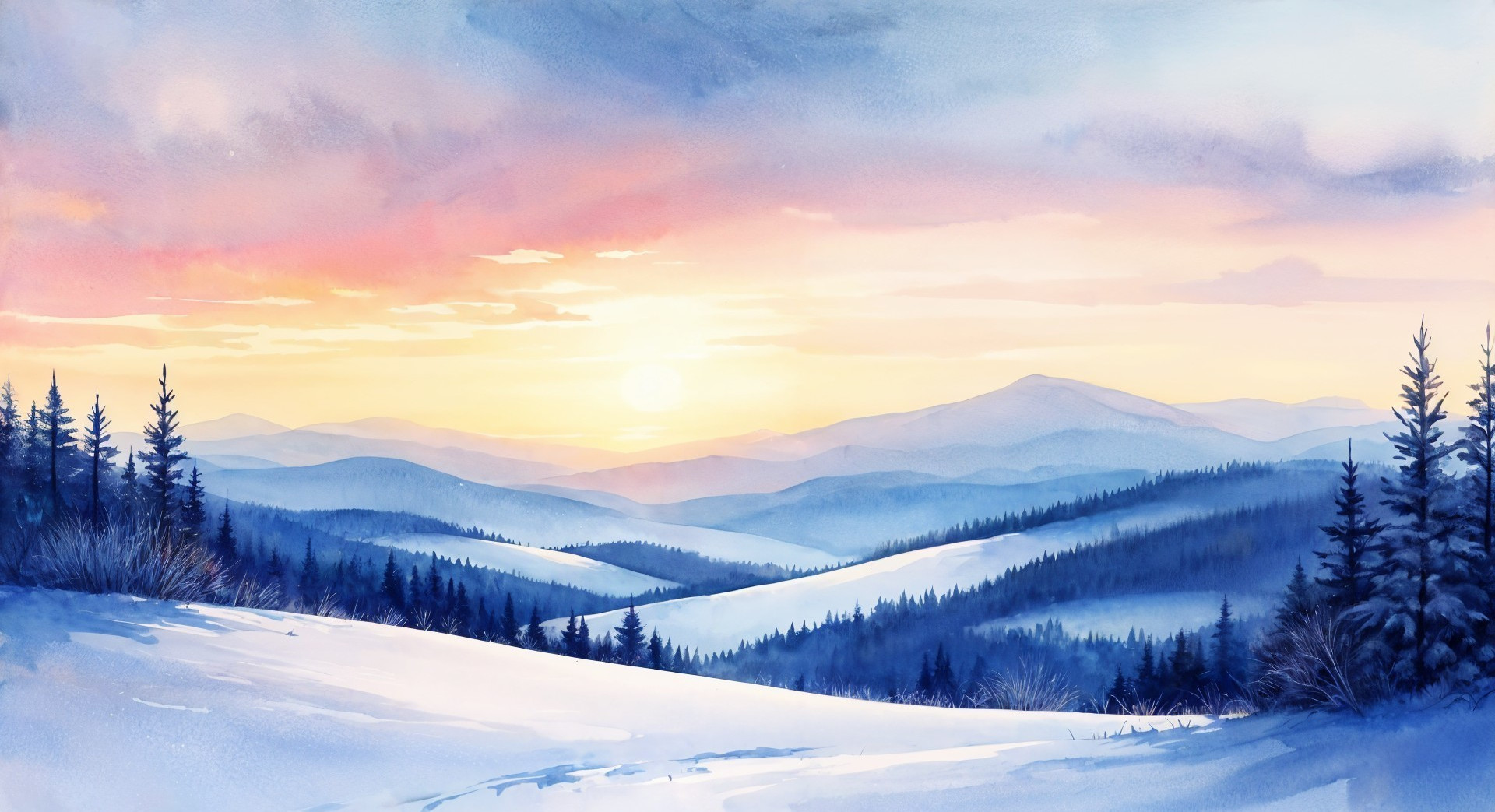 Serene Winter Landscape with Snowy Hills and Sunrise