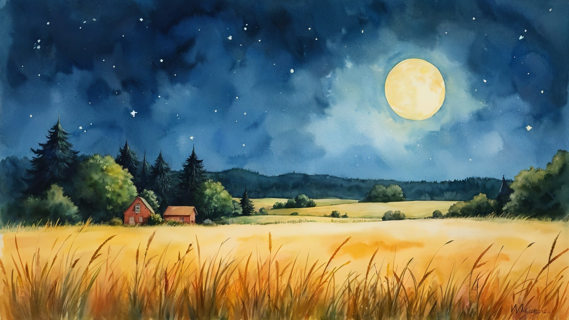 Serene Night Landscape with Moon and Wheat Fields