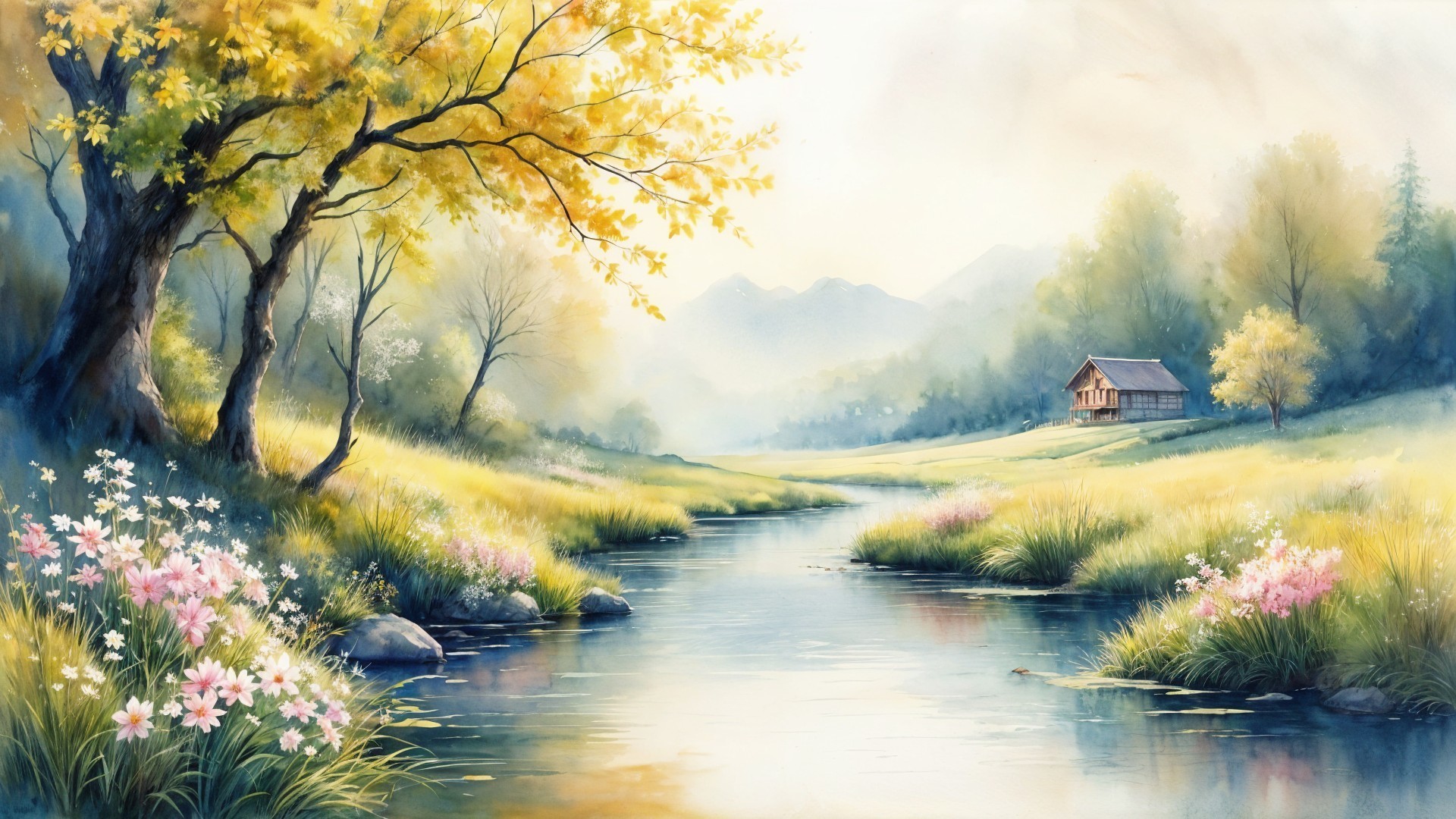 Serene River Landscape with Lush Meadows and Cabin