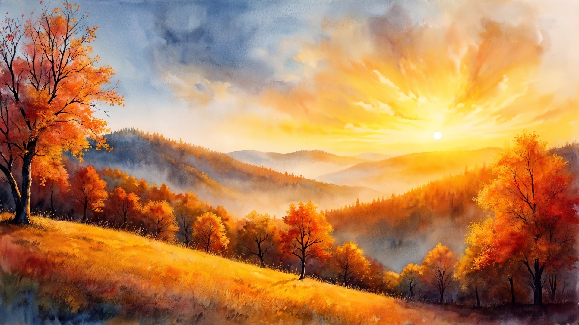Vibrant Autumn Landscape with Rolling Hills and Mist