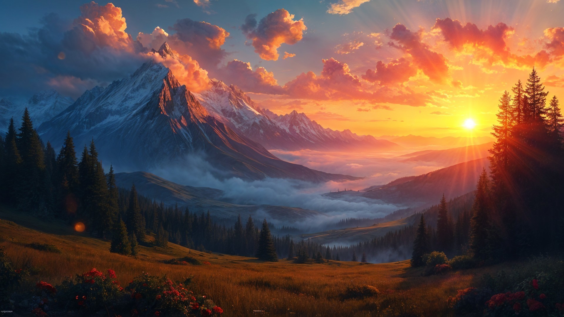 Mountain Landscape at Sunset with Vibrant Colors