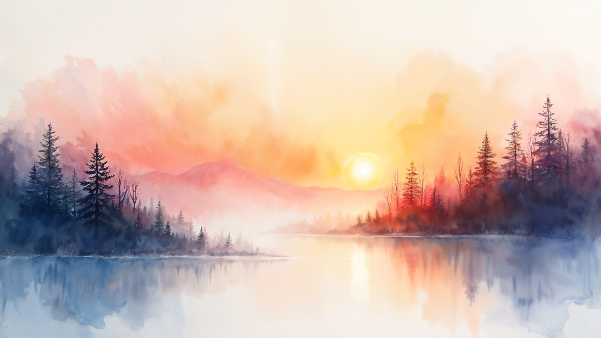 Serene Sunrise Landscape with Reflective Lake and Trees