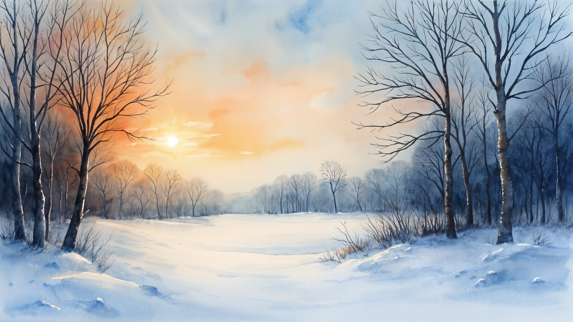 Tranquil Winter Landscape with Snow and Sunset Sky