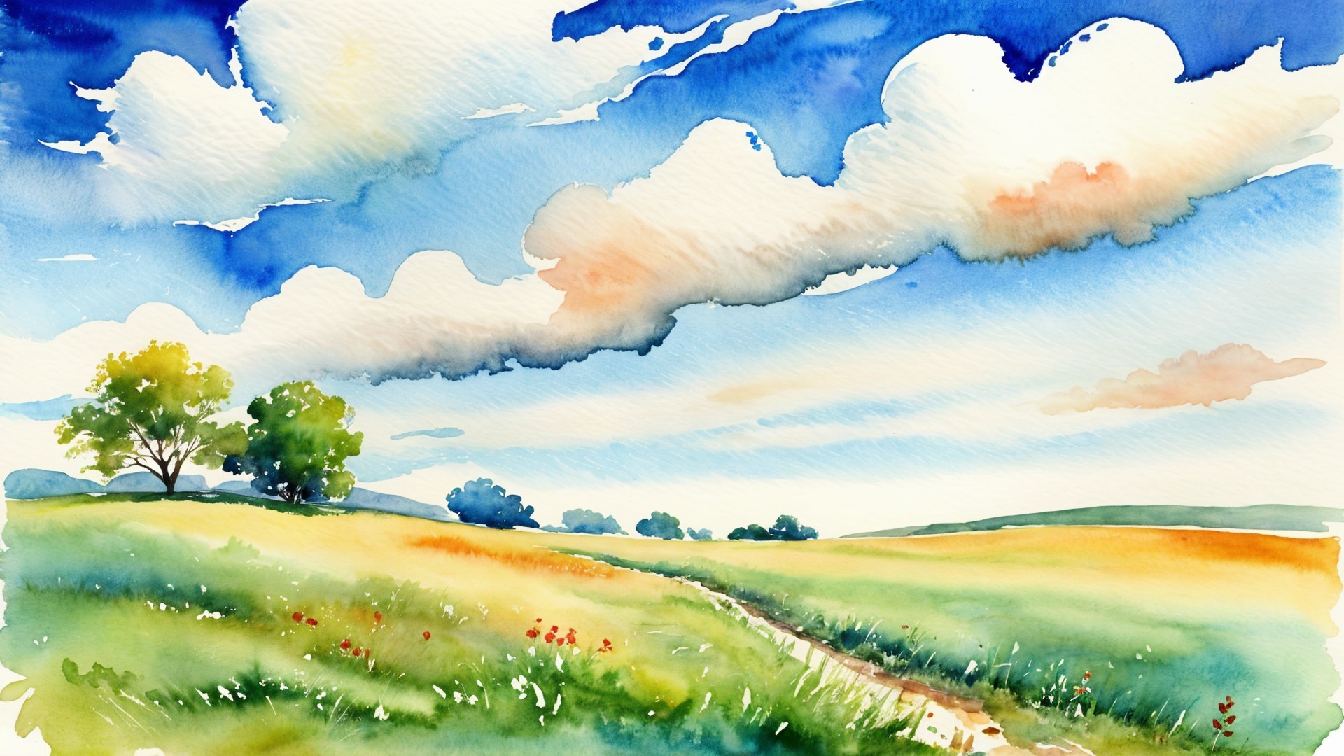 Tranquil Landscape with Green Fields and Blue Sky