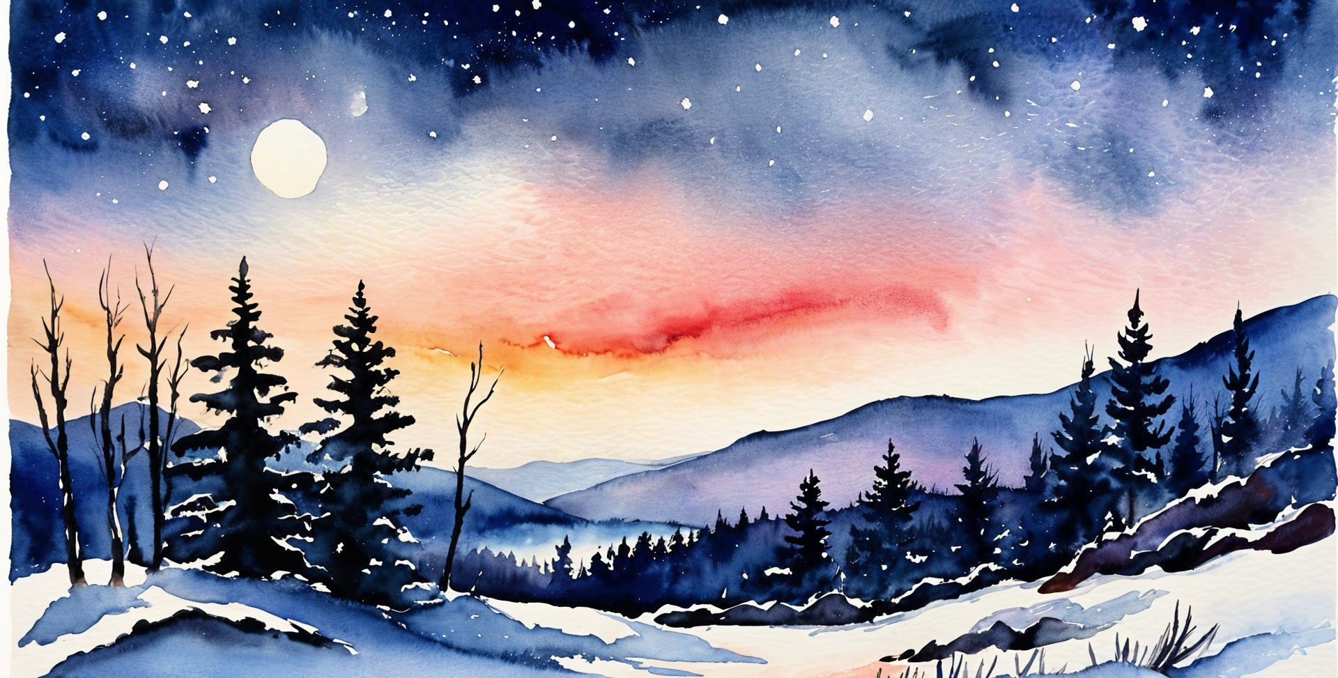 Twilight Watercolor Landscape with Moon and Trees