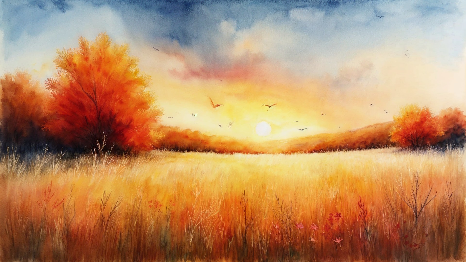 Serene Autumn Landscape with Vibrant Sunset Hues