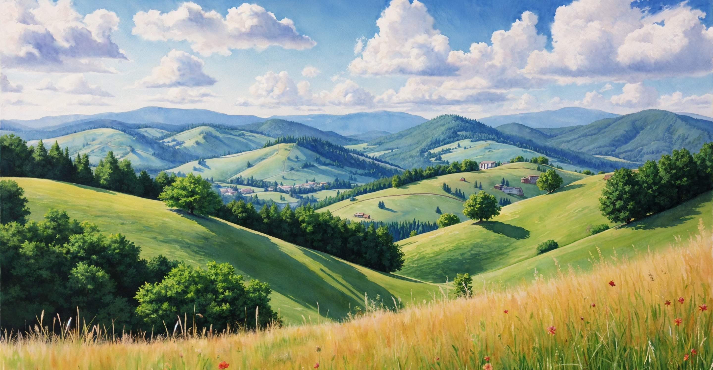 Vibrant Landscape of Rolling Hills and Blue Sky