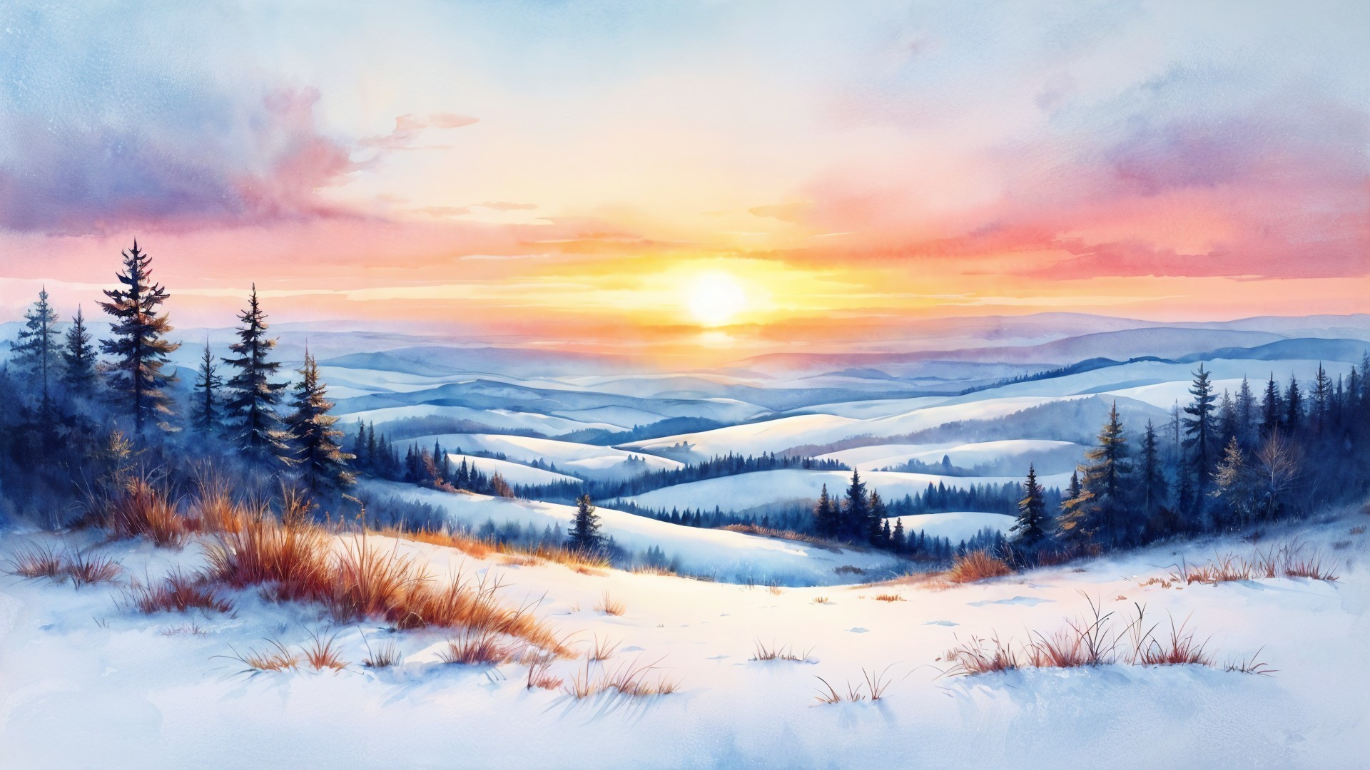 Serene Winter Landscape with Snow-Covered Hills