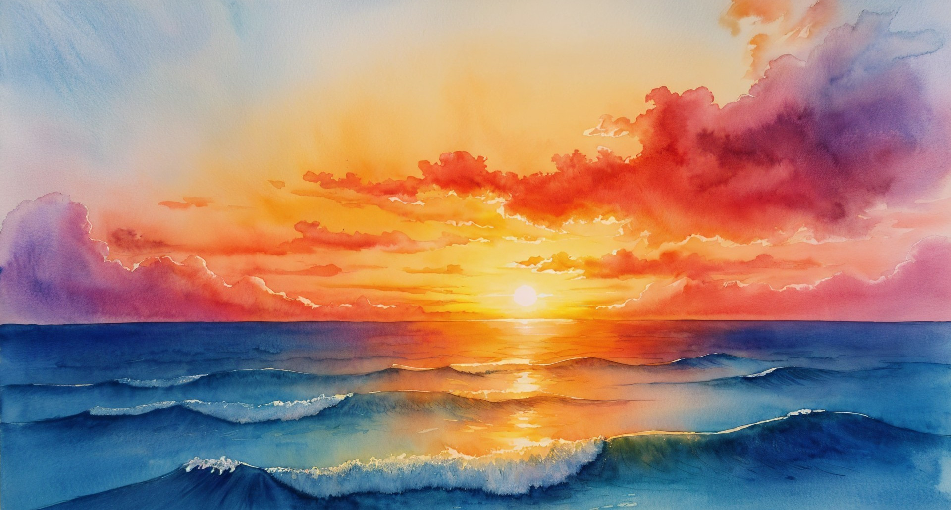 Vibrant Sunset Over Ocean in Watercolor Painting