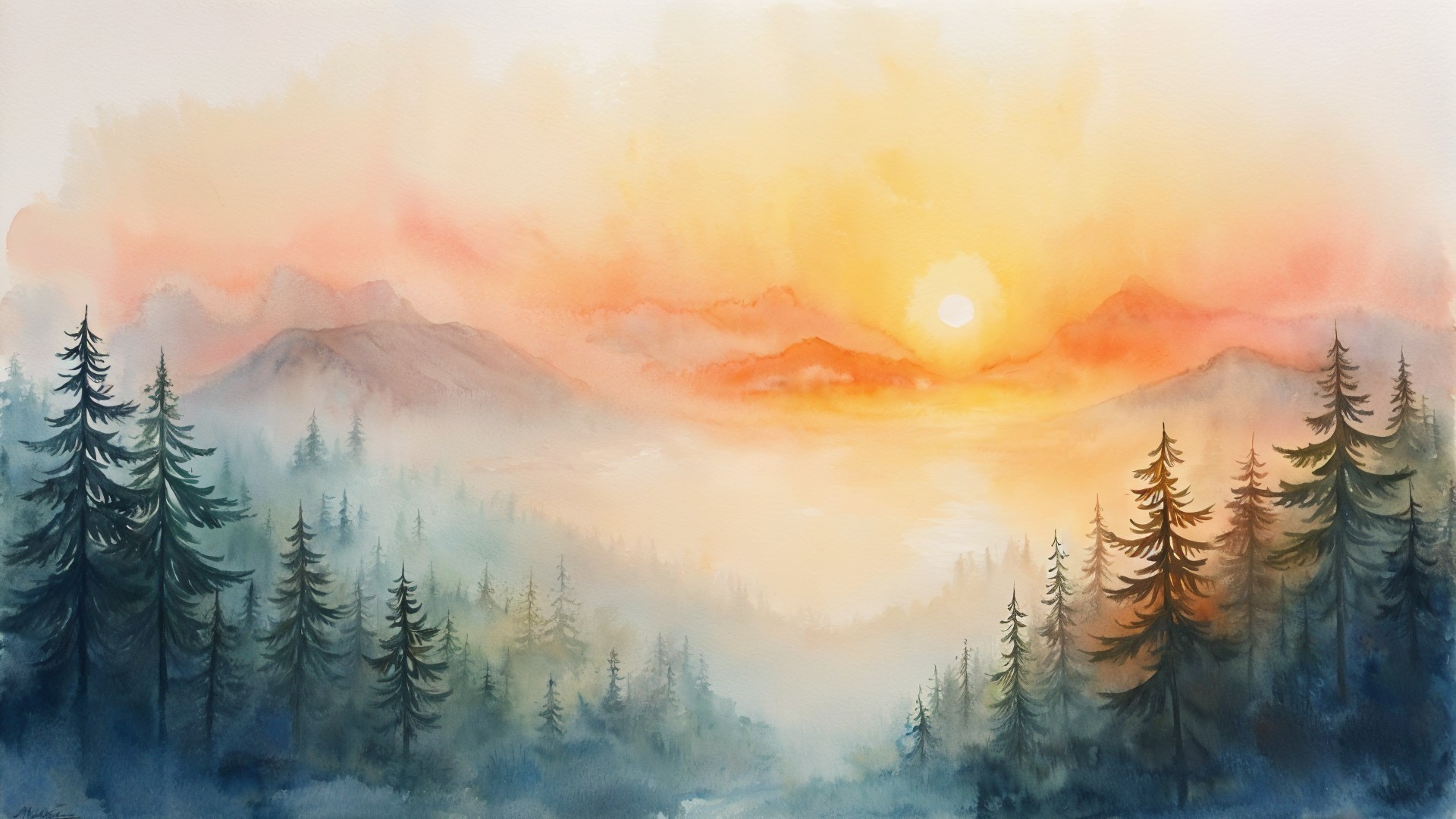 Misty Forest at Dawn with Sunrise and Mountains
