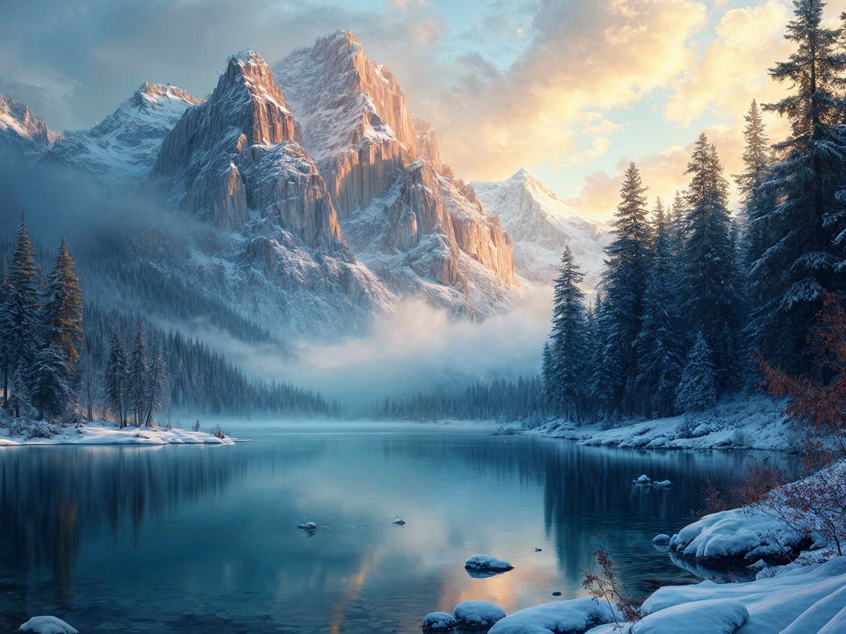 Serene Winter Landscape with Snowy Mountains and Lake