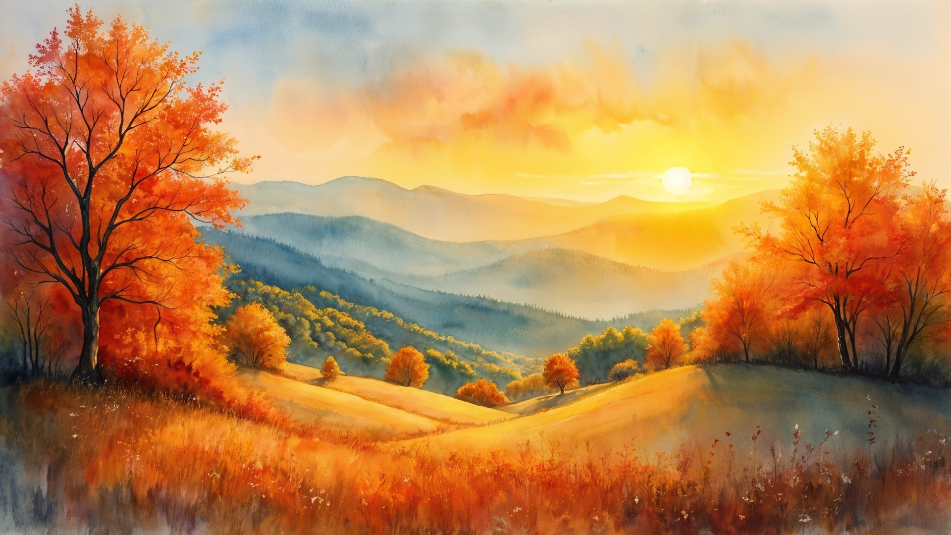 Serene Autumn Landscape with Vibrant Trees and Hills