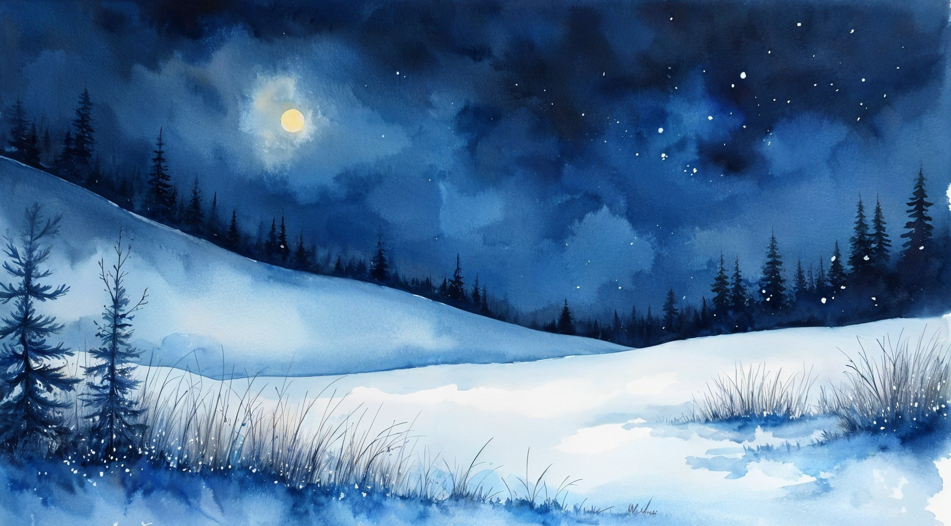 Serene Winter Landscape with Moonlit Snowy Hillside