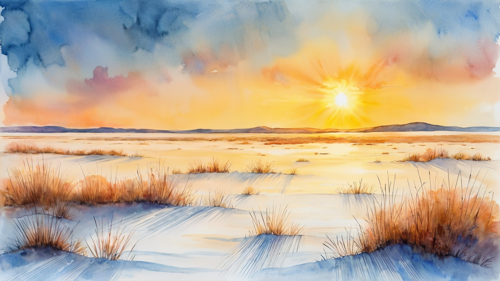 Watercolor Landscape of a Desert at Sunset