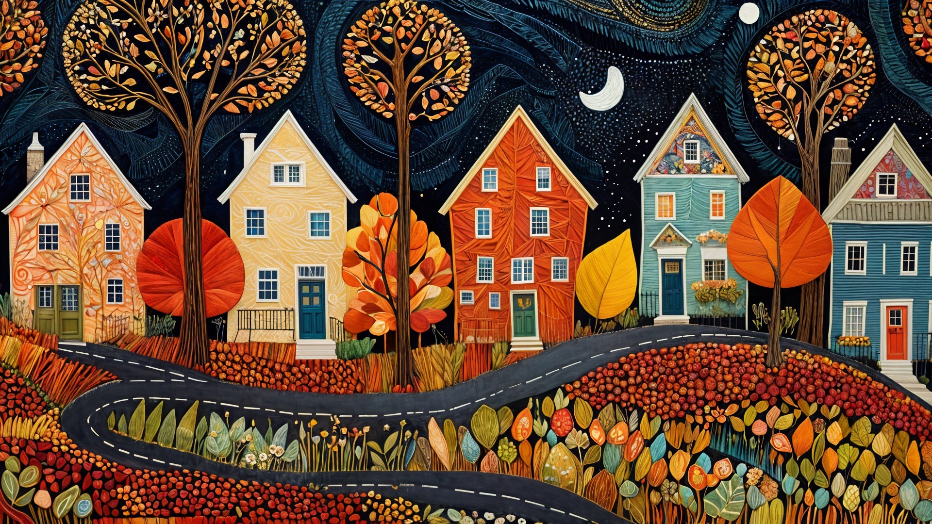 Charming Autumn Street with Colorful Houses and Foliage