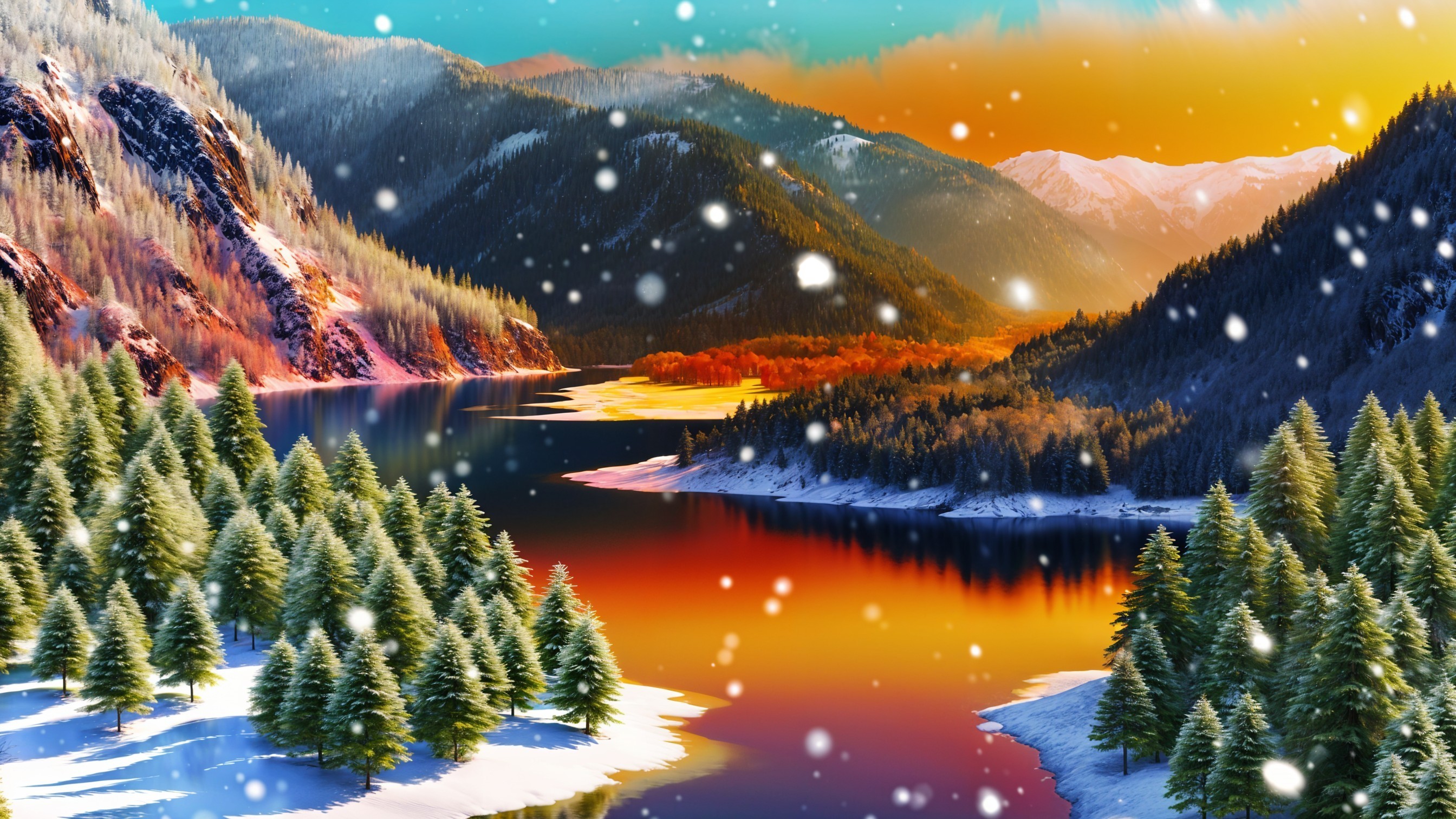 Winter Landscape with Snow-Capped Mountains and Lake