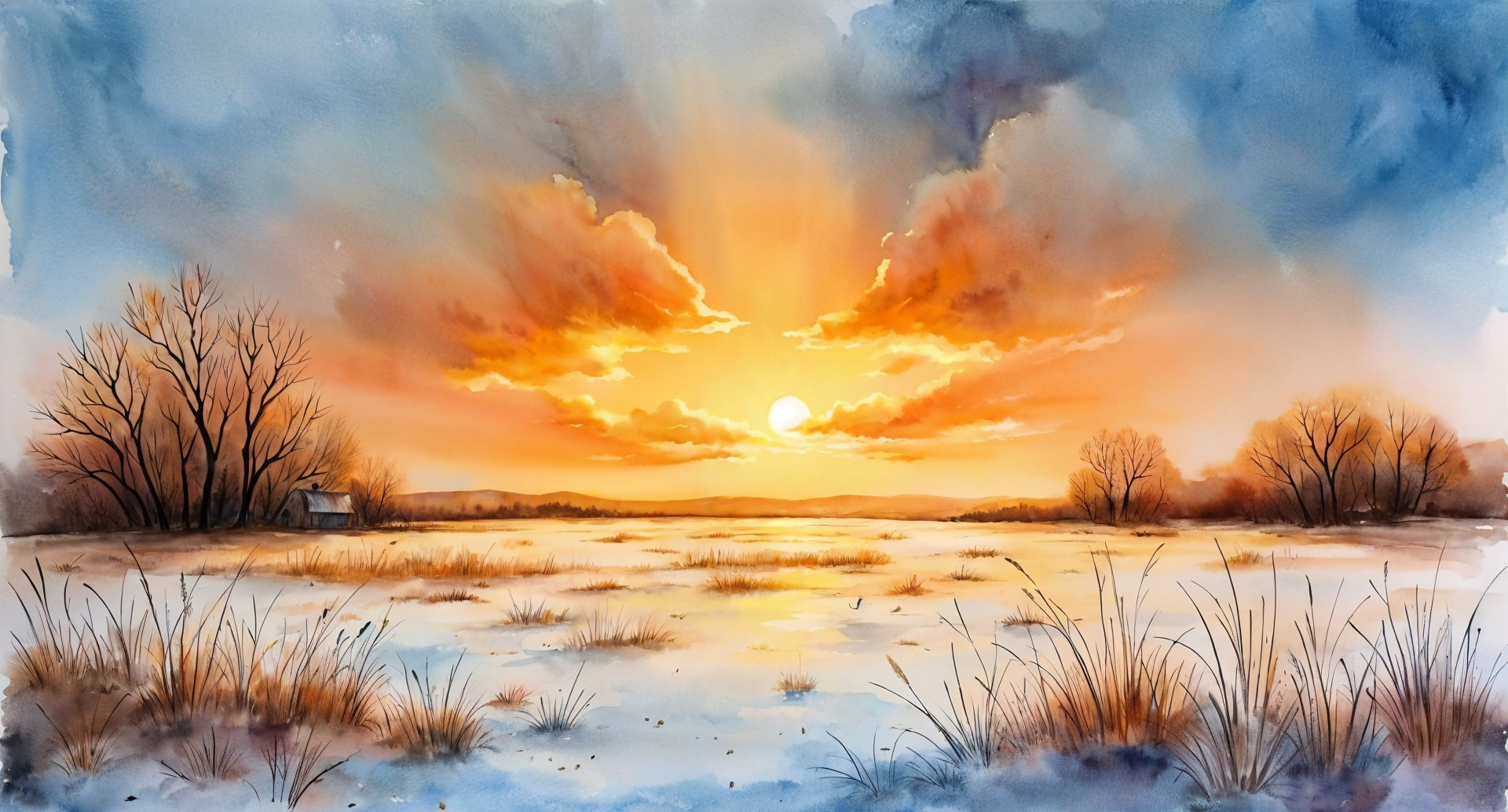 Serene Winter Landscape at Sunset with Frozen Lake