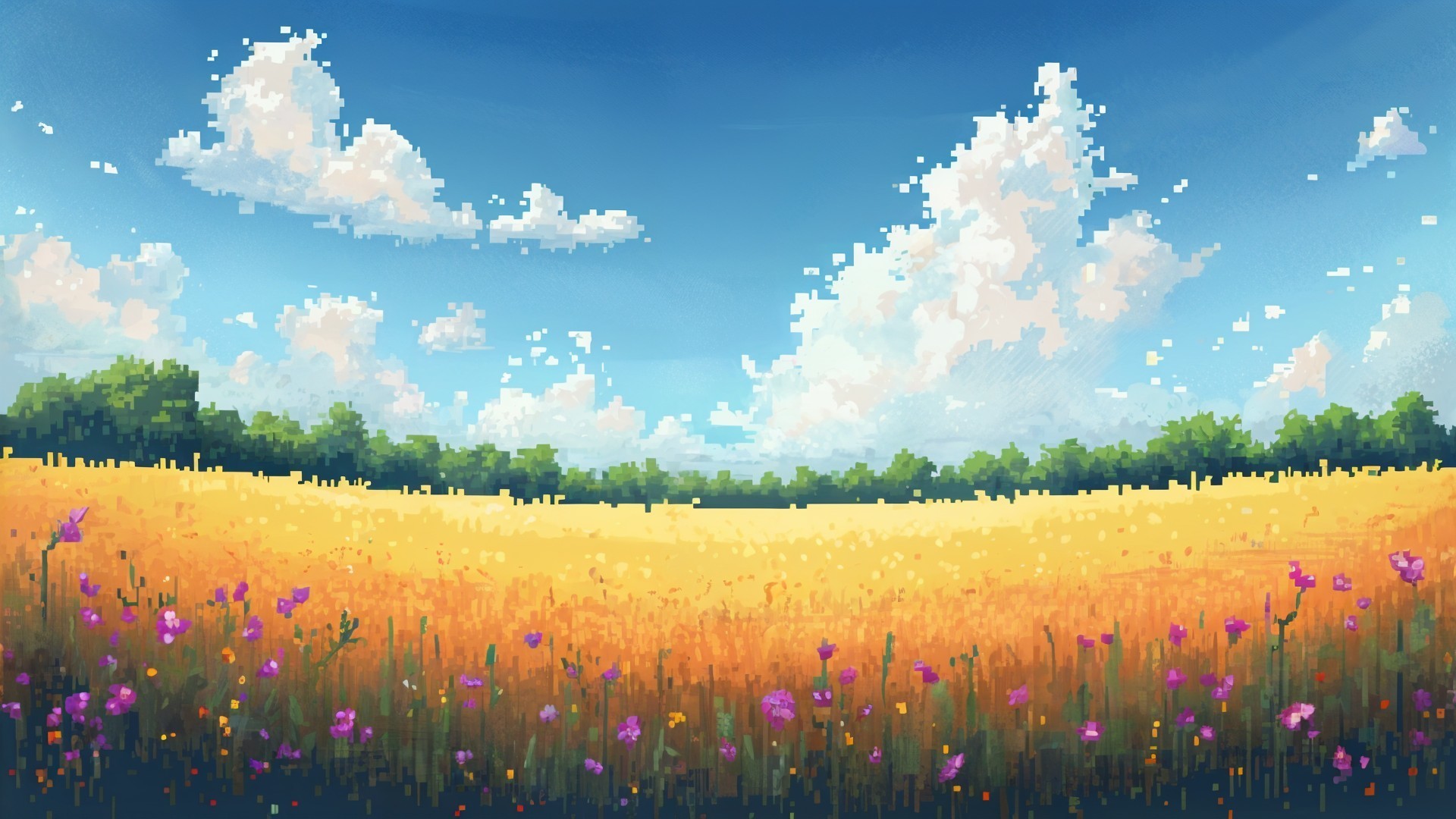 Pixel Art Landscape of Golden Field and Blue Sky