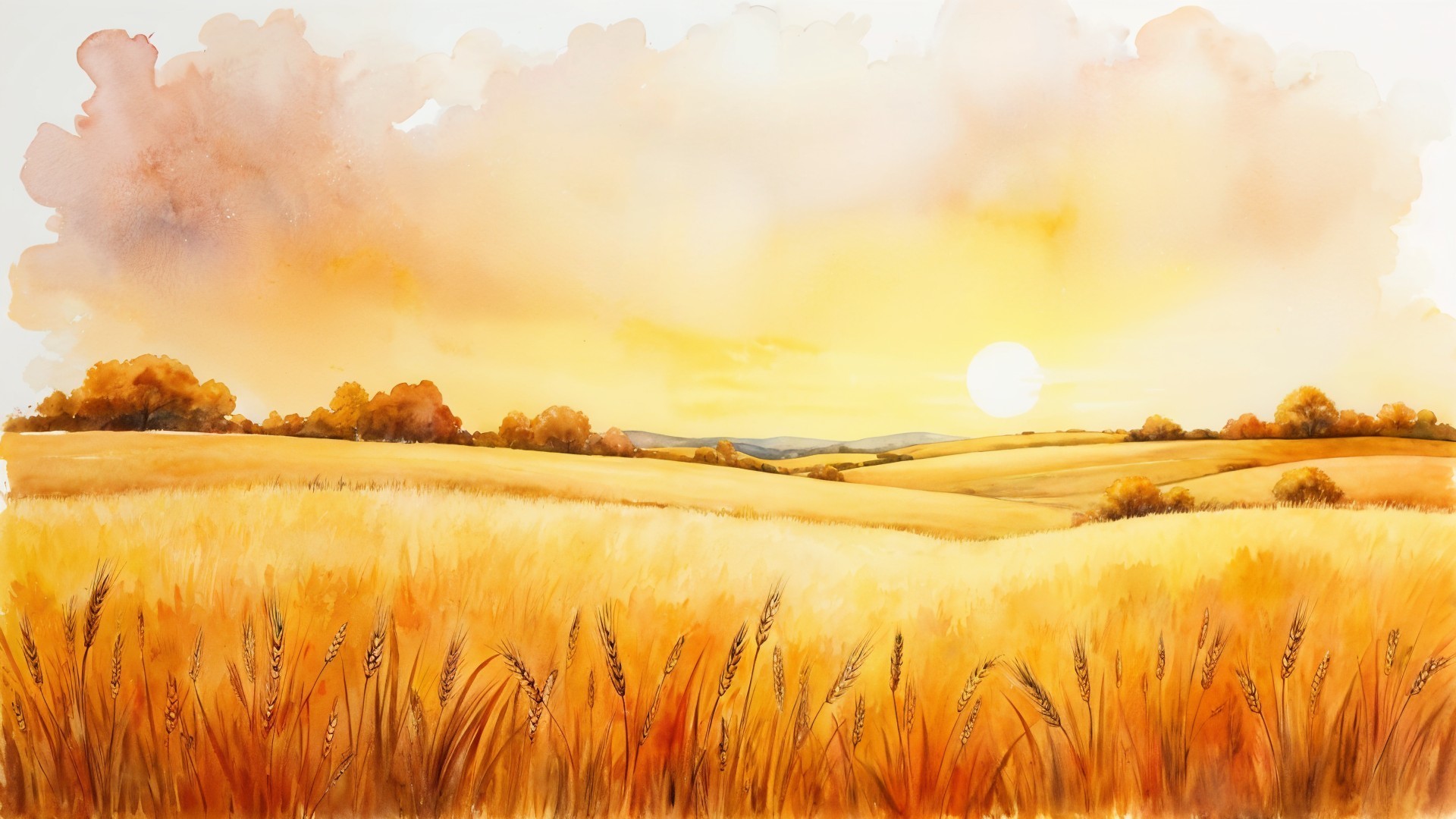 Golden Wheat Fields at Sunset with Rolling Hills