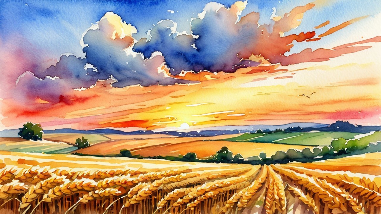 Vibrant Watercolor Landscape of Wheat Field at Sunset