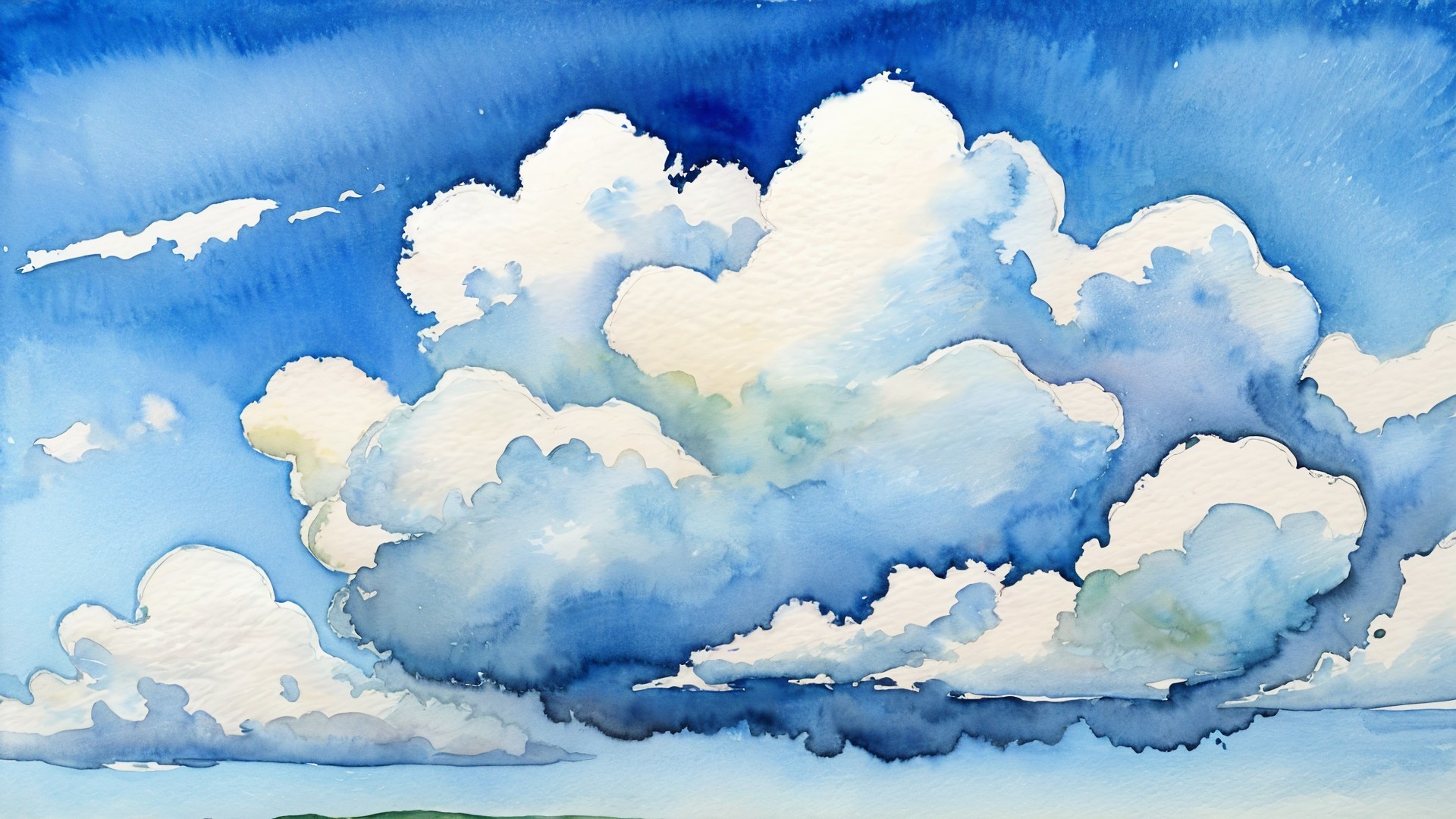 Vibrant Watercolor of Blue Sky and Fluffy Clouds
