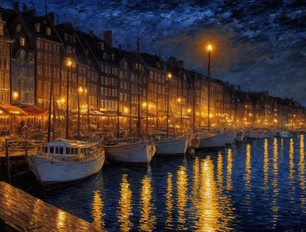 Serene Night Scene of Waterfront with Illuminated Boats