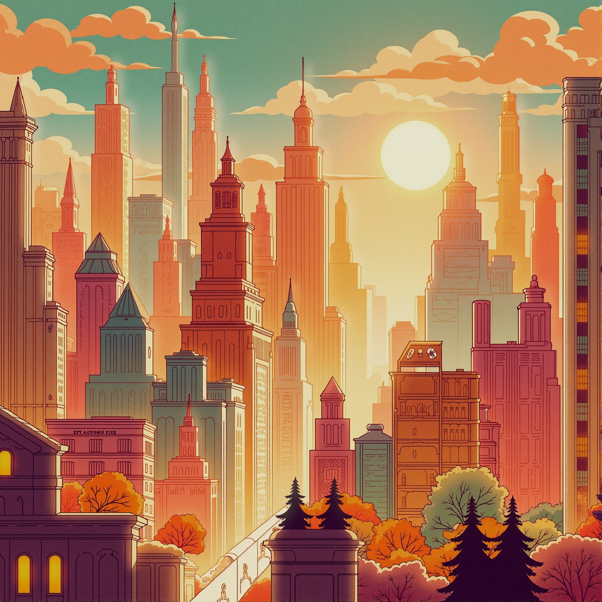 Vibrant cityscape with skyscrapers at sunset