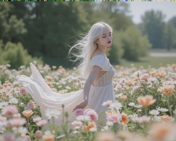Young woman in a flower field with white hair