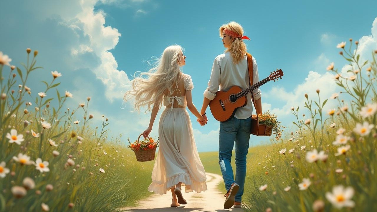 Couple Walking on Grassy Path Surrounded by Flowers