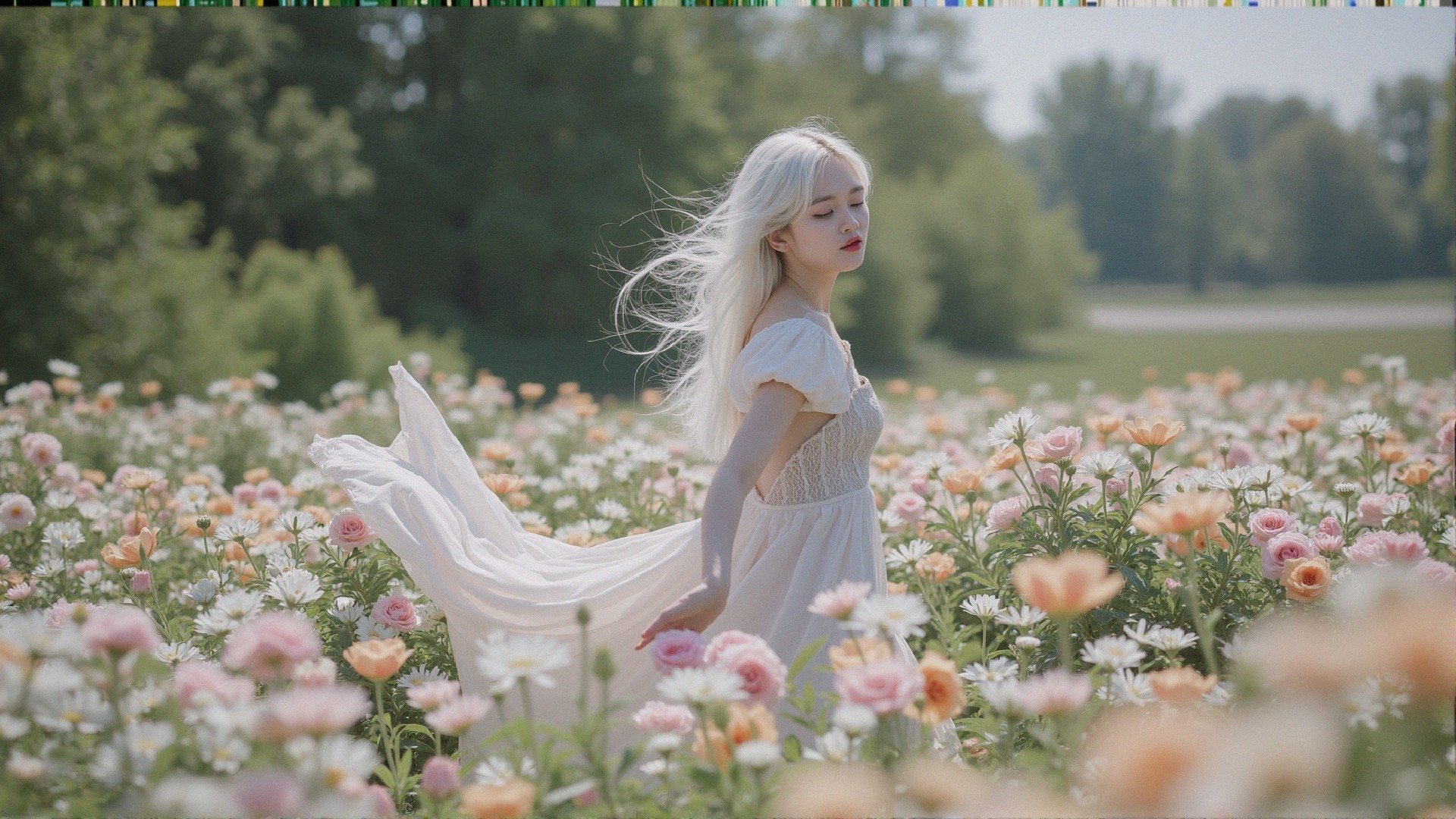 Young woman in a flower field with white hair