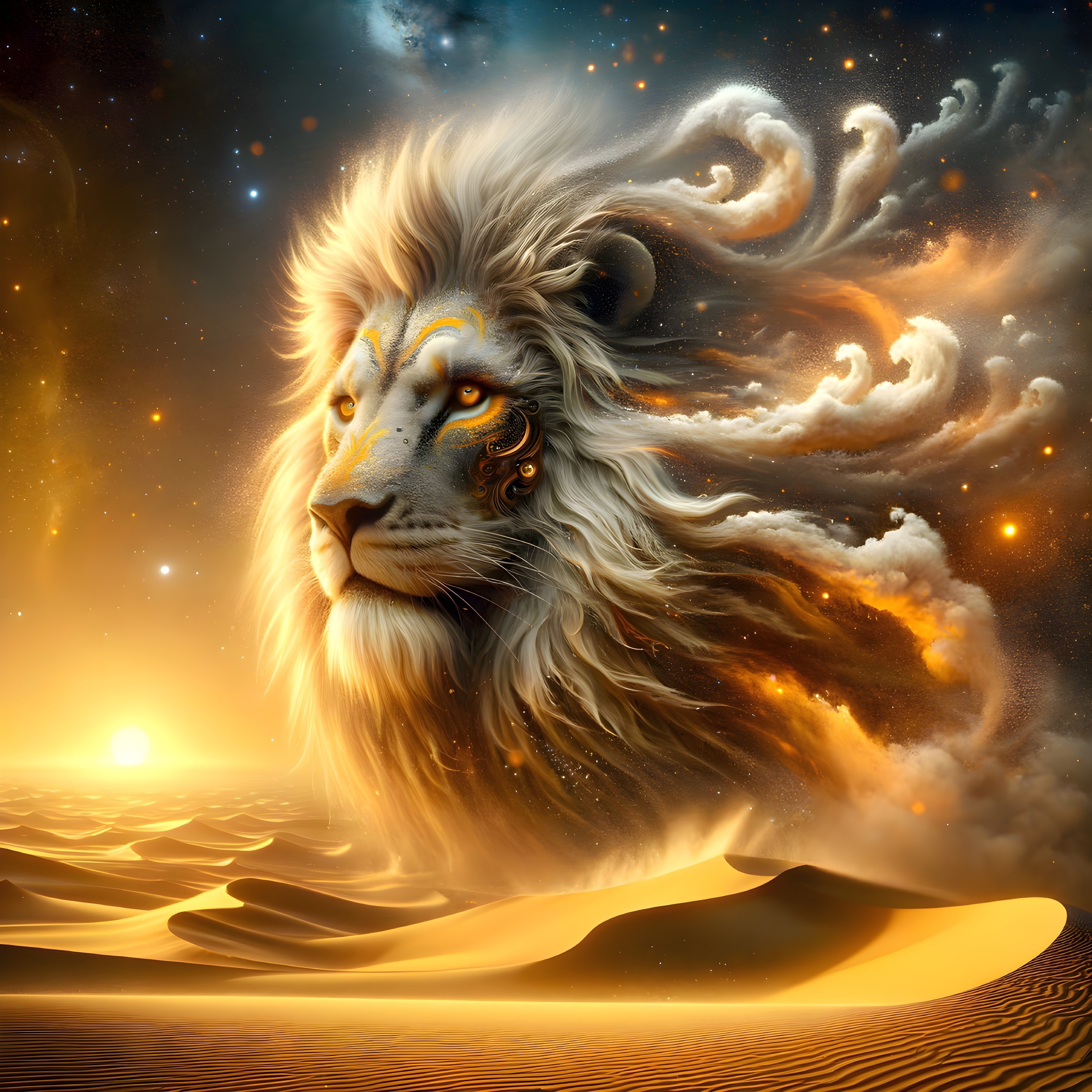 Majestic lion with cosmic nebula mane in surreal desert sunset