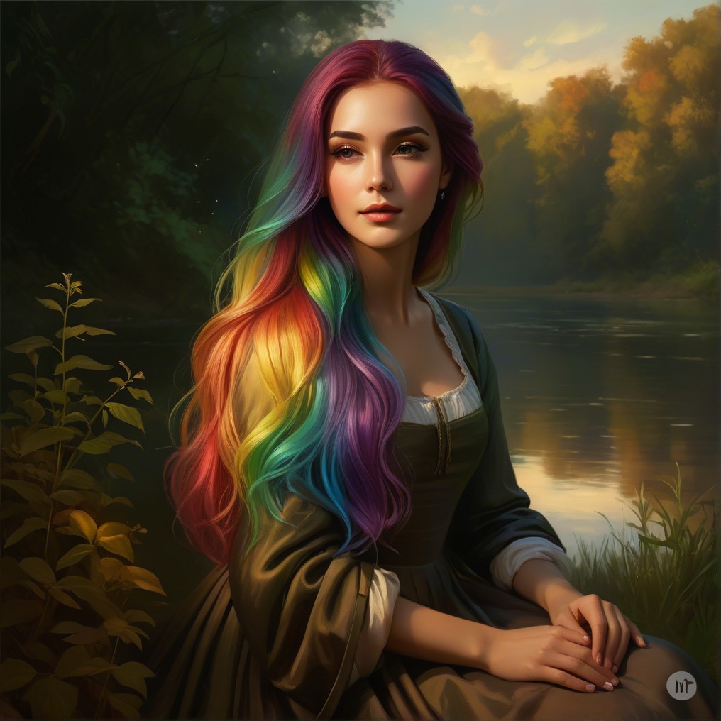 Young woman with rainbow hair by a tranquil river
