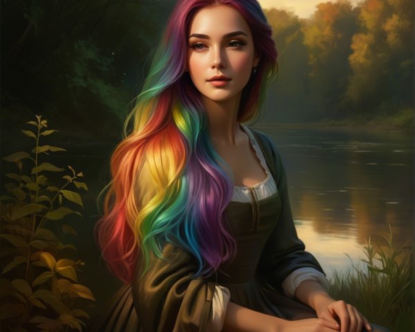 Young woman with rainbow hair by a tranquil river