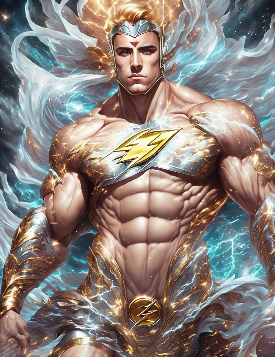 Muscular Superhero in Glowing Armor with Lightning Emblem