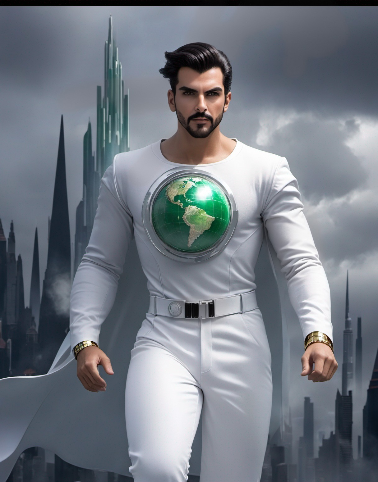 Heroic Figure in Futuristic Cityscape with Green Globe