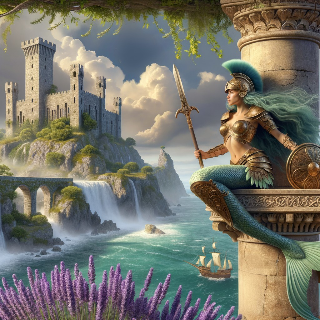 Mermaid Warrior on Stone Pillar with Waterfalls and Castle