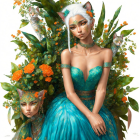 Mystical figure in turquoise gown among vibrant foliage