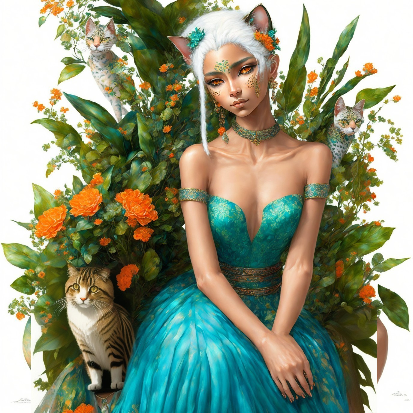 Mystical figure in turquoise gown among vibrant foliage