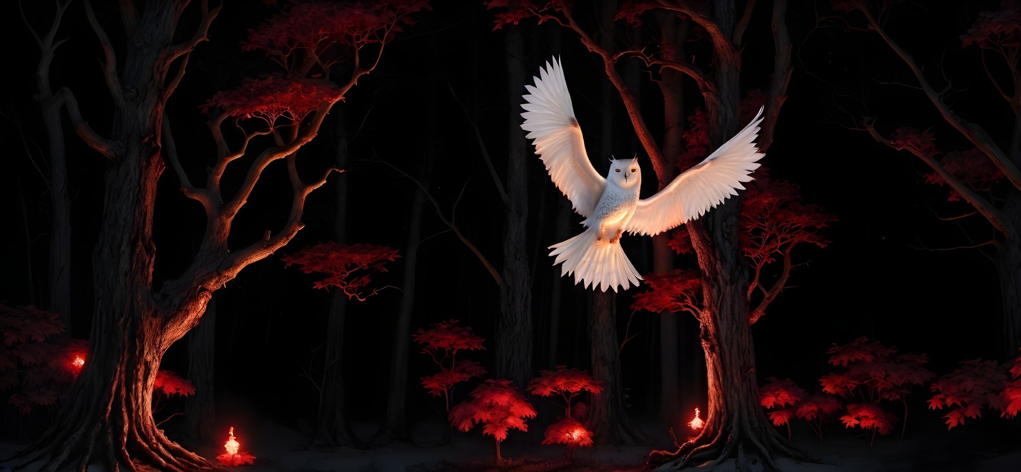 White Owl Flying in Mystical Forest with Red Foliage