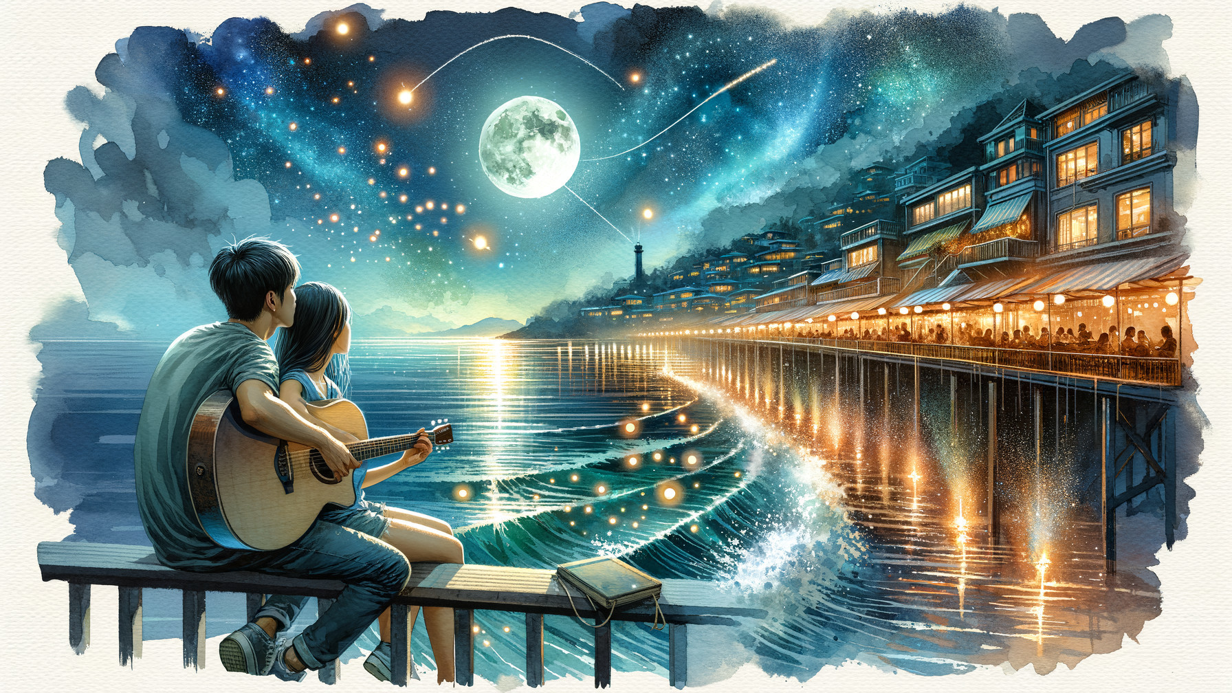 Couple on Dock Under Starry Sky with Guitar