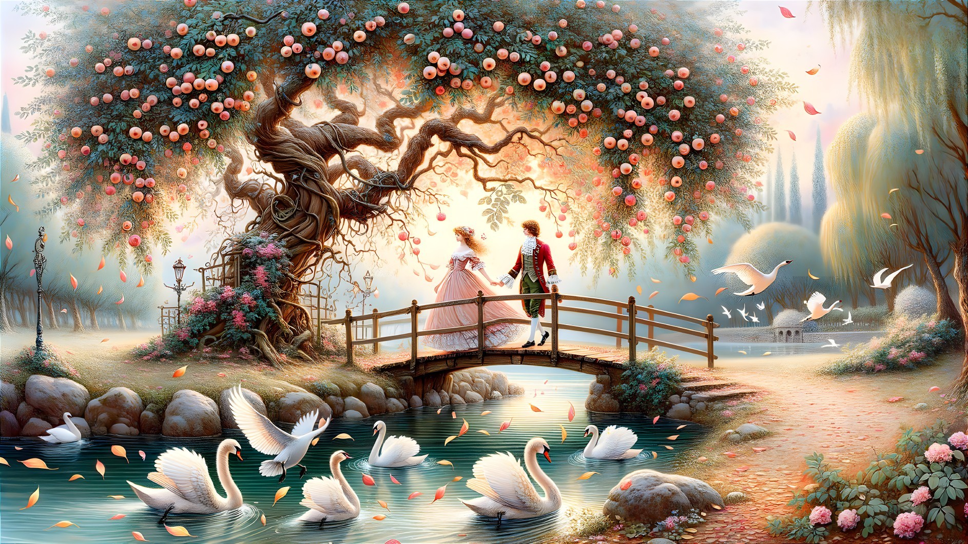 Couple on Bridge Amid Blossoming Tree and Pond