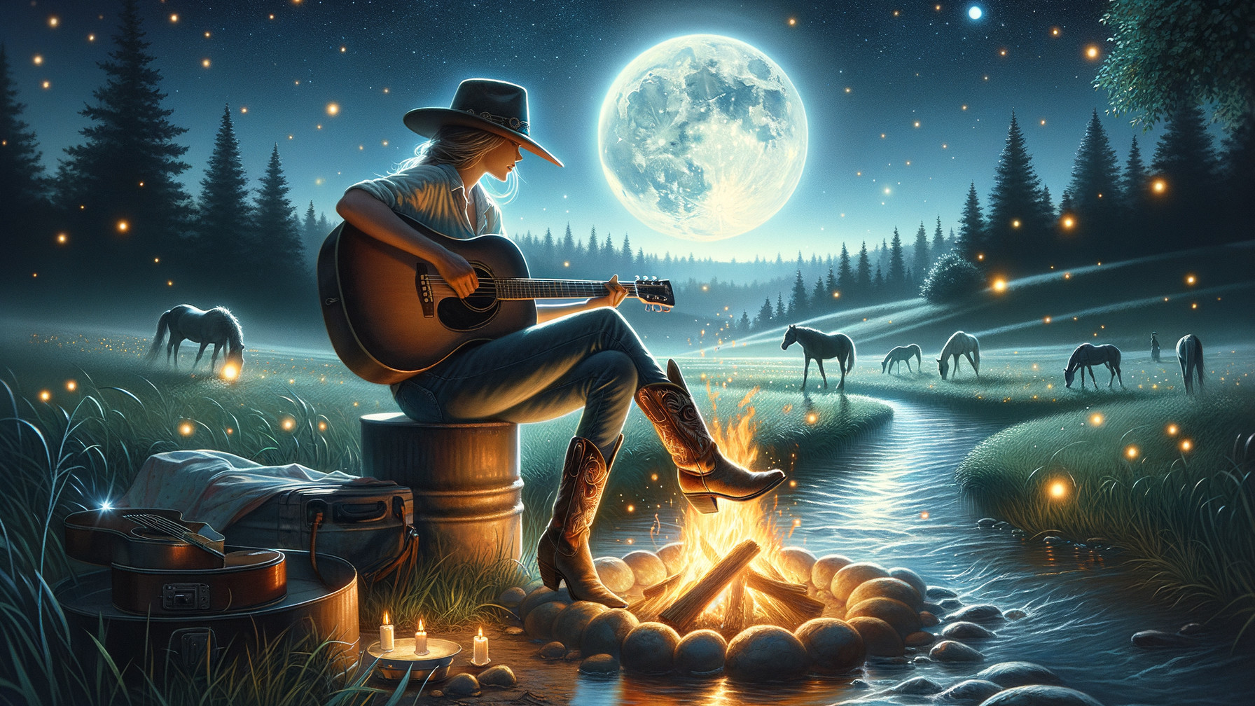 Cowgirl by Campfire with Guitar in Moonlit Landscape