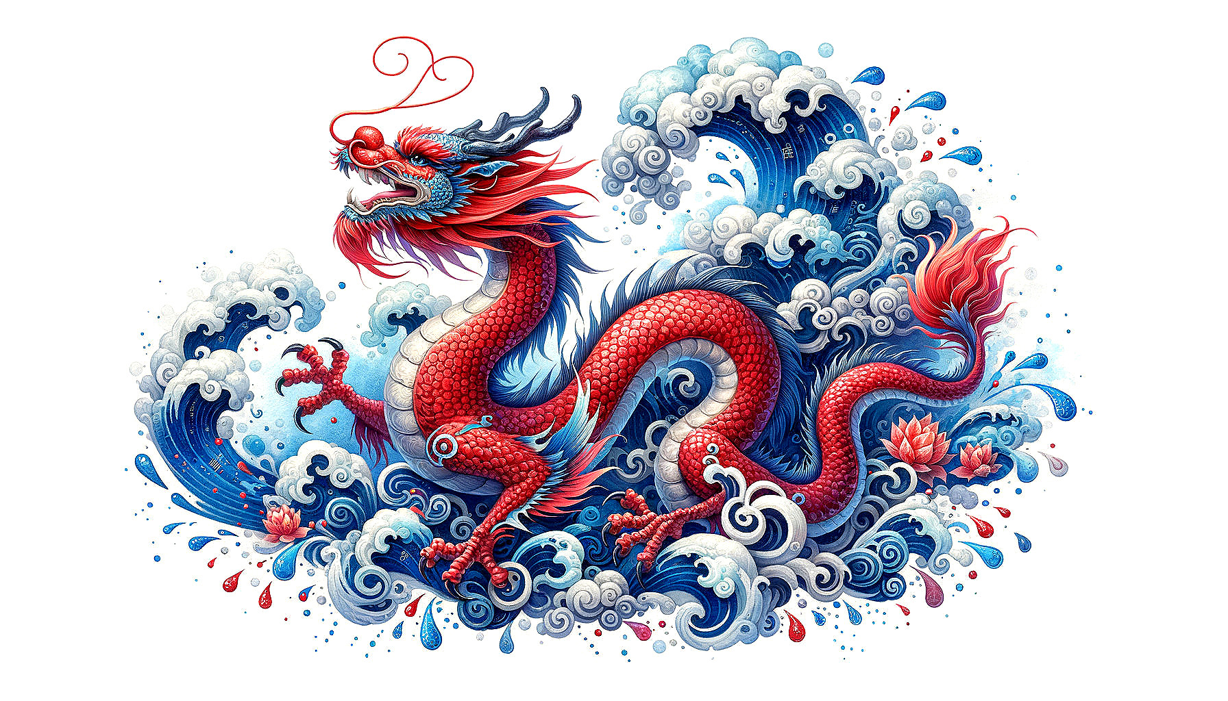 Red Dragon Surrounded by Blue Waves and Lotus Flowers