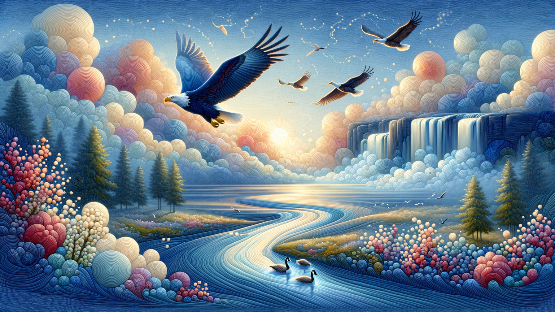 Serene Landscape with River, Eagles, and Waterfalls