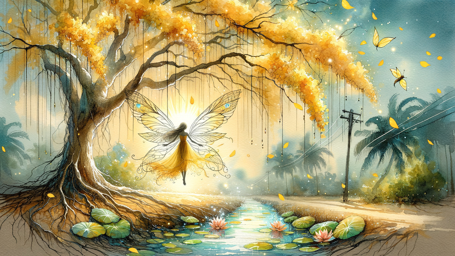 Whimsical Fairy Scene with Vibrant Tree and Pond