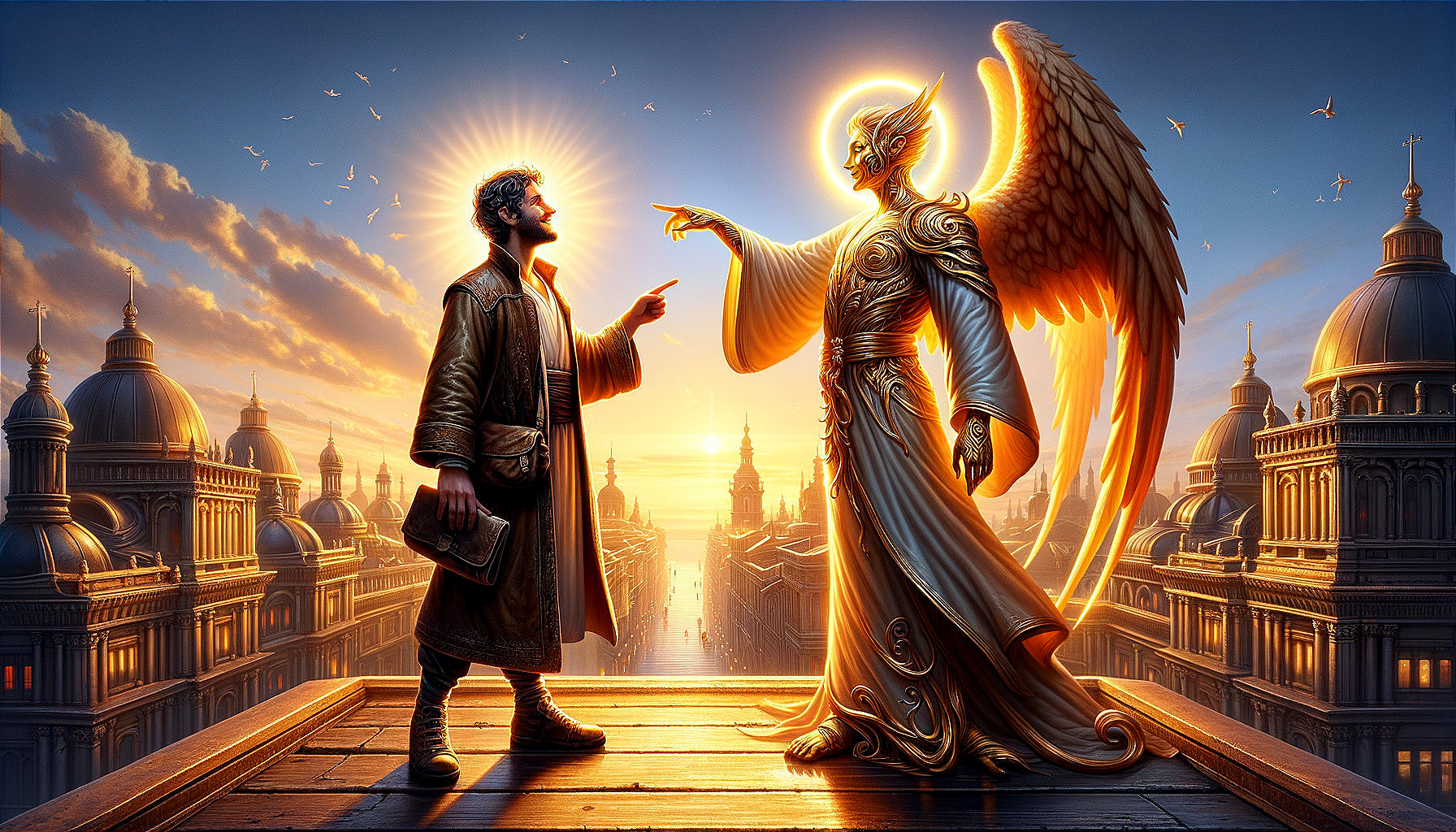 Angel on Rooftop with Sunset and Majestic Buildings