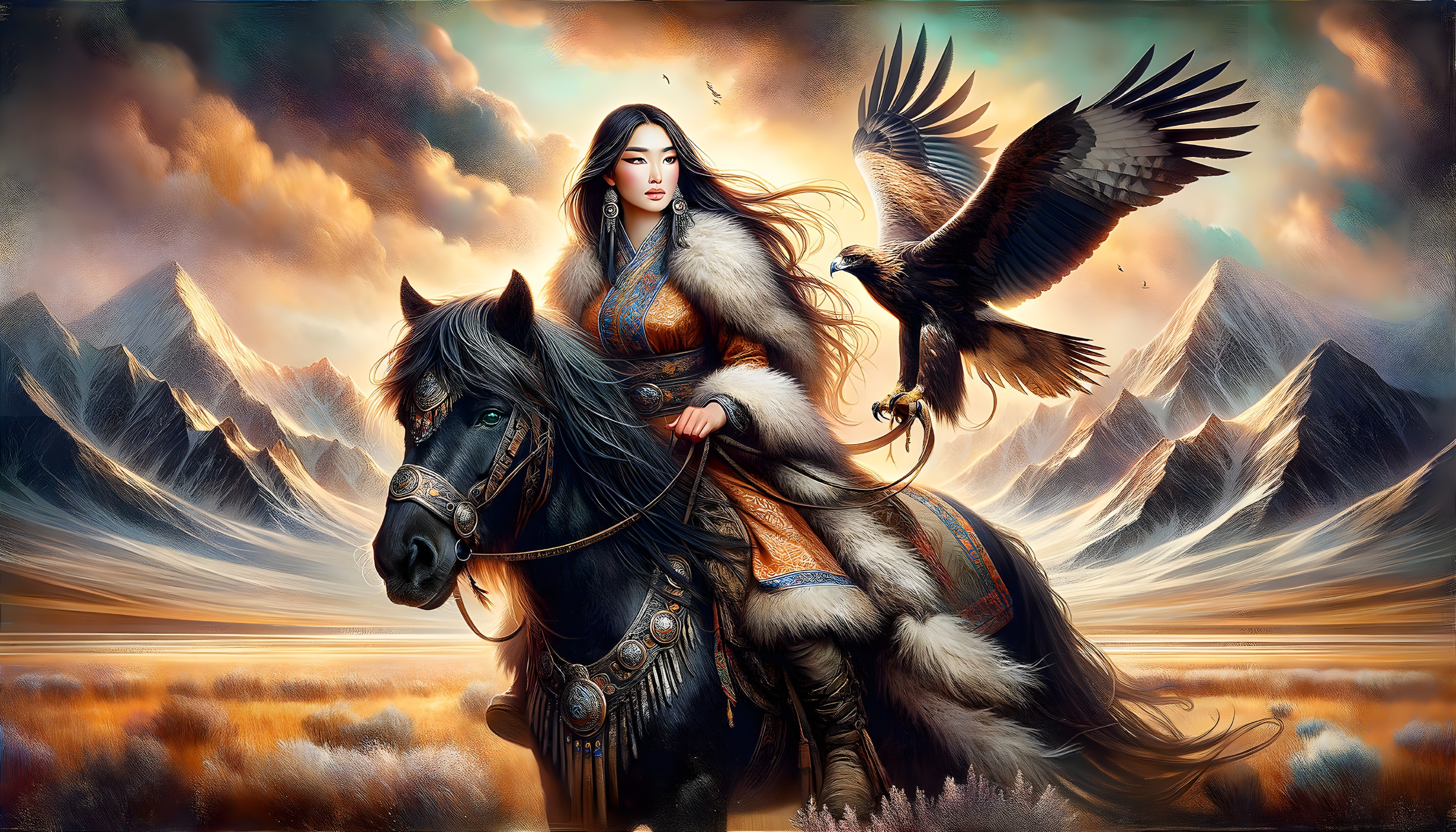 Majestic Woman in Traditional Attire on Black Horse