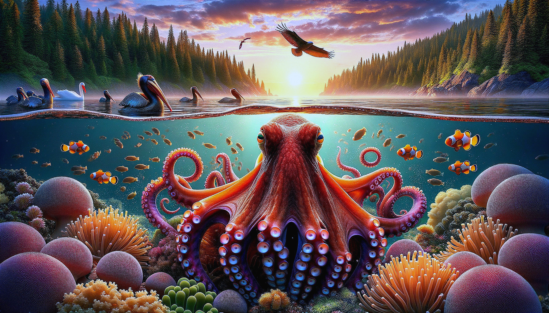 Colorful Octopus Among Coral Reefs and Fish Schools