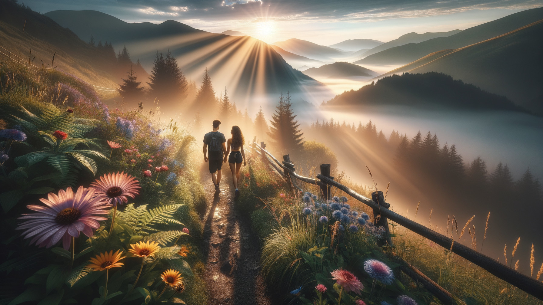 Couple Walking Along a Scenic Sunrise Path