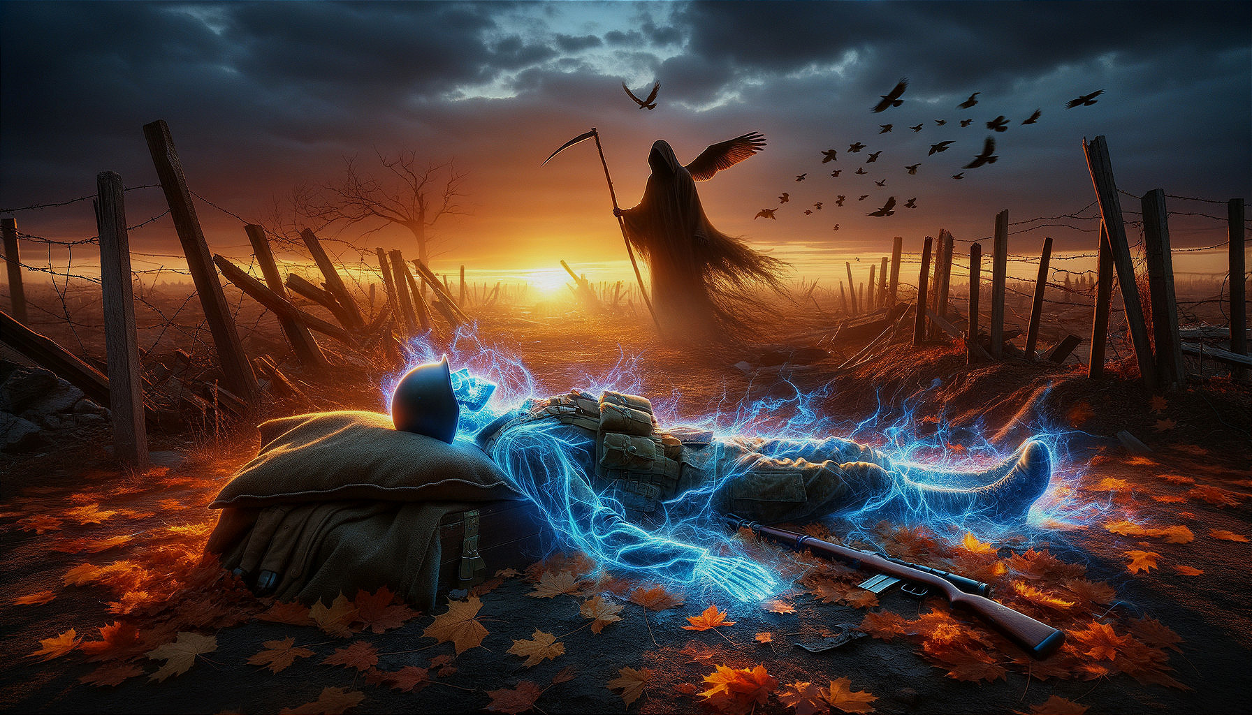 Soldier's Body Surrounded by Barbed Wire at Dusk